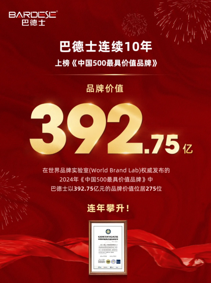 392.75億！巴德士連續(xù)10年上榜中國500最具價值品牌！